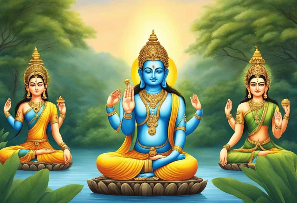Three gunas: sattva, rajas, tamas, depicted through a balance of light, movement, and stillness in nature
