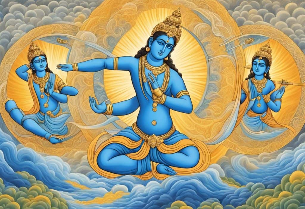 The three gunas depicted as swirling energies, each with distinct characteristics, as described in the Bhagavad Gita