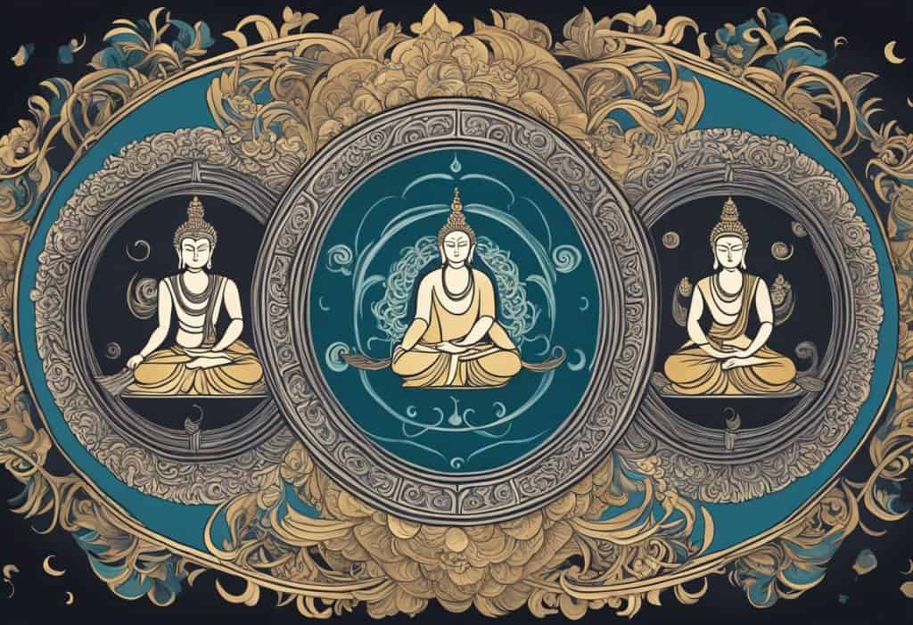 The three gunas are depicted through contrasting elements: light and dark, movement and stillness, and harmony and chaos