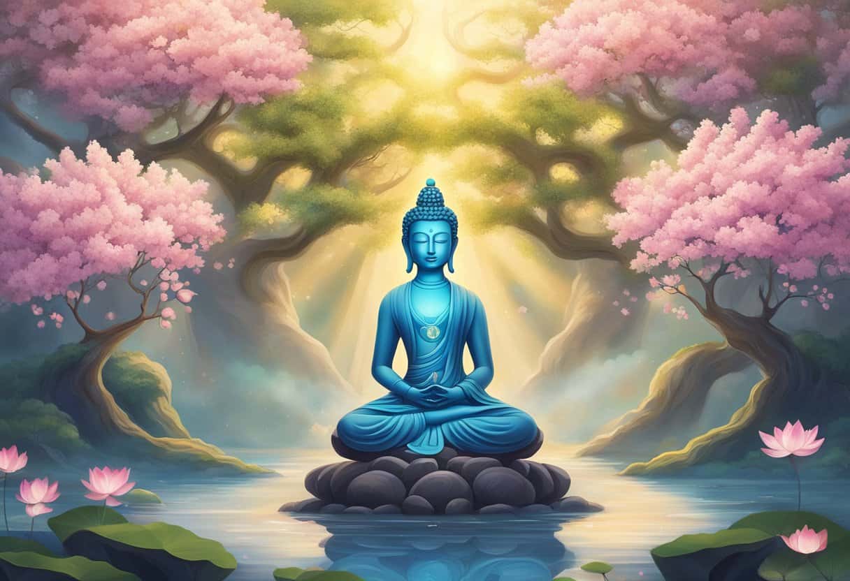 A Bodhisattva meditates under a Bodhi tree, surrounded by lotus flowers and a radiant aura