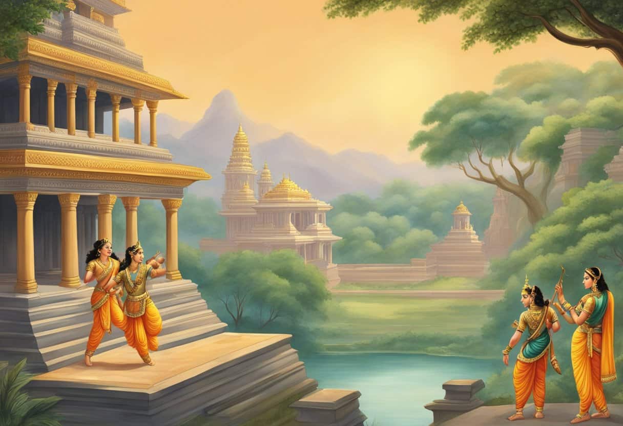 Rama wields a bow, Sita watches from a palace, Hanuman leaps