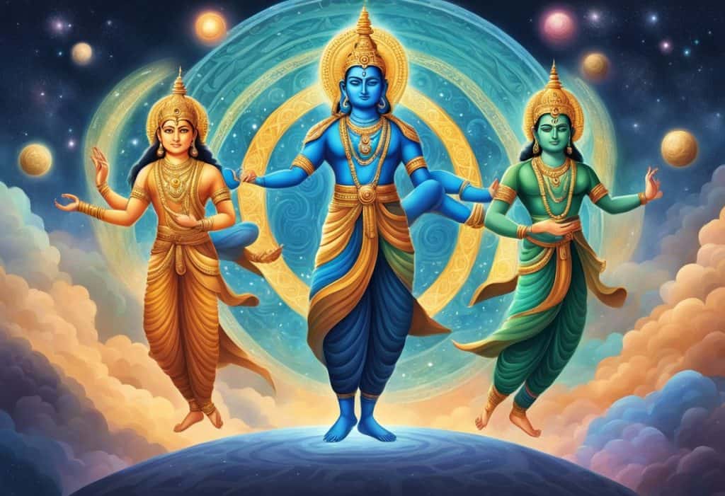 The three gunas - sattva, rajas, and tamas - swirling together in a cosmic dance of balance and interaction