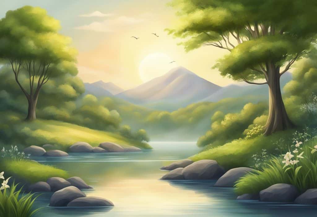 A serene landscape with a peaceful atmosphere, featuring elements of nature and symbols of inner peace and tranquility