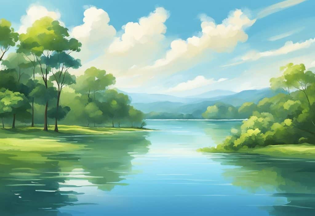 A serene landscape with a calm, still body of water, surrounded by lush greenery and a clear blue sky, evoking a sense of peace and tranquility