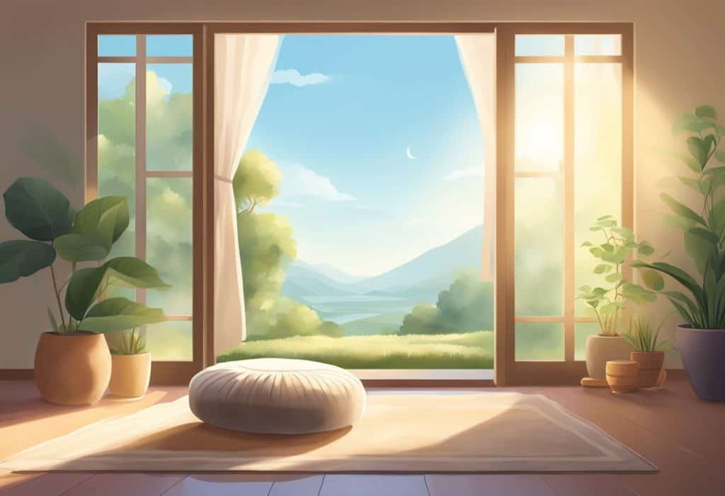 A serene, sunlit room with a cozy meditation cushion, soft lighting, and a tranquil atmosphere. A gentle breeze moves through the open window, carrying the soothing sound of nature