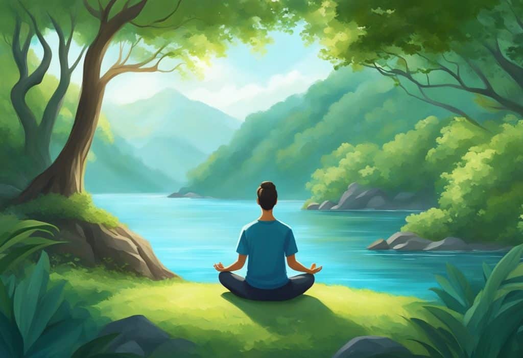 A serene figure meditates in a peaceful natural setting, surrounded by lush greenery and calm waters, with a sense of tranquility and inner peace emanating from the scene