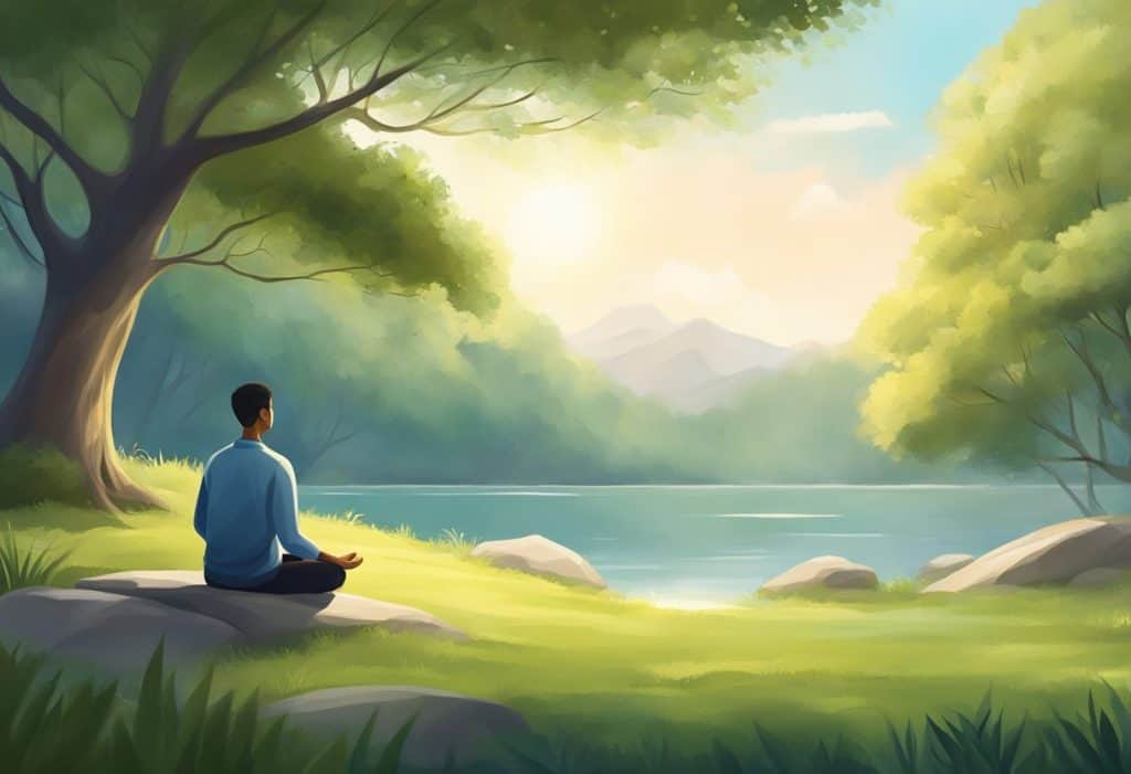 A serene, tranquil setting with a person meditating in a peaceful environment, surrounded by nature and soft, calming light