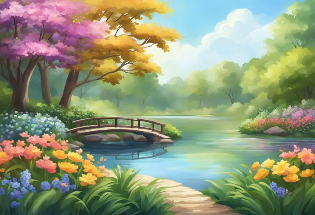 A serene garden with a peaceful pond, surrounded by lush greenery and colorful flowers, with a gentle breeze rustling the leaves