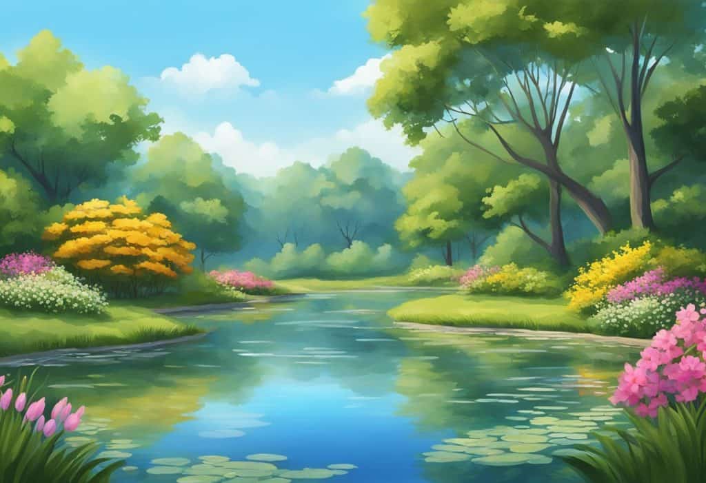 A serene landscape with a tranquil pond, surrounded by lush greenery and colorful flowers, under a clear blue sky