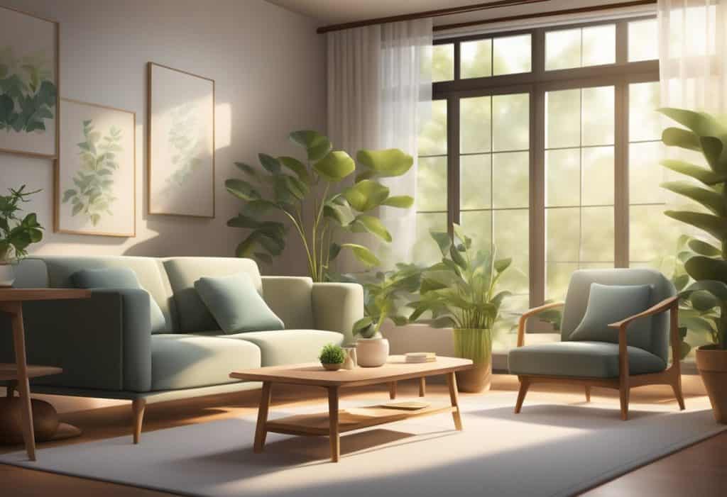 A serene room with soft lighting and comfortable seating, a peaceful atmosphere with nature elements like plants or flowing water, creating a sense of calm and relaxation for mindfulness treatment
