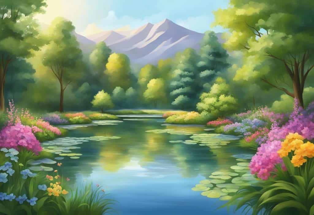 A serene landscape with a peaceful pond, surrounded by lush greenery and colorful flowers, evoking a sense of tranquility and mindfulness