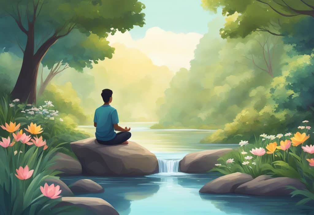 A serene, open space with a person meditating, surrounded by calming nature elements like trees, flowers, and a gentle stream