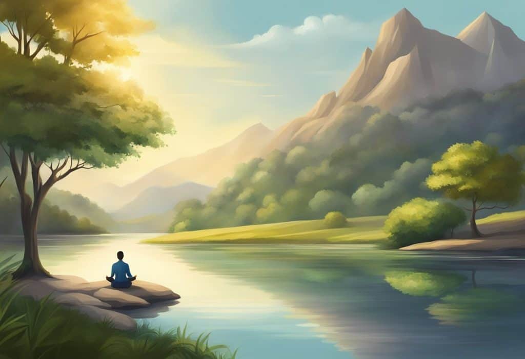 A serene landscape with a person meditating in a peaceful setting, surrounded by nature. The scene exudes calmness and tranquility, with elements of balance and harmony