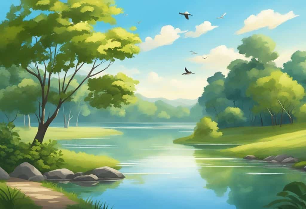 A serene landscape with a peaceful lake surrounded by lush greenery, a clear blue sky, and the gentle sound of birds chirping and leaves rustling in the wind