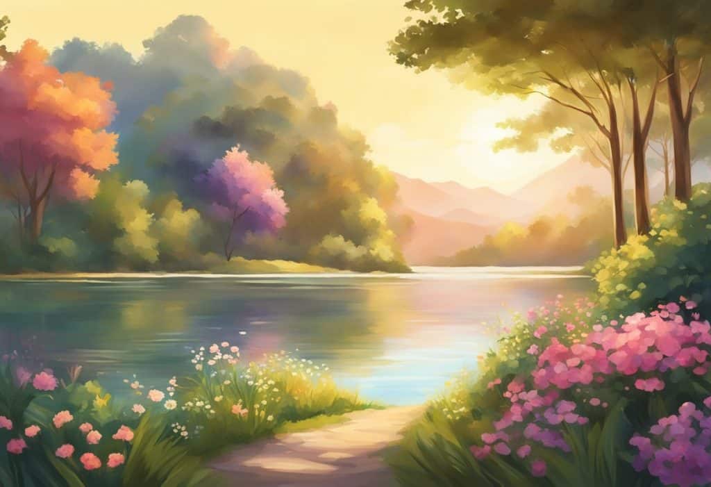A serene landscape with a calm body of water, surrounded by lush greenery and vibrant flowers. The sun is shining, casting a warm glow over the peaceful scene