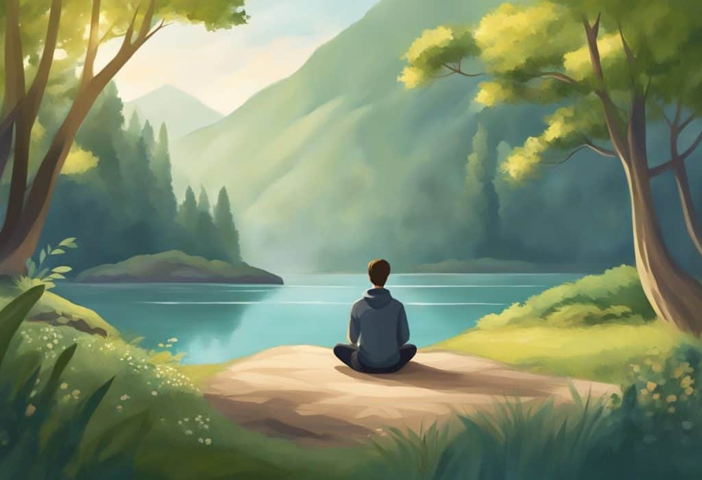 A person sitting in a peaceful and serene environment, surrounded by nature and engaging in mindfulness practices. The person appears calm and focused, with a sense of inner peace and tranquility