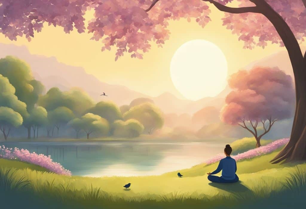 A serene scene of a peaceful garden, with a person meditating under a tree. The sun is shining, birds are chirping, and there is a sense of calm and tranquility in the air