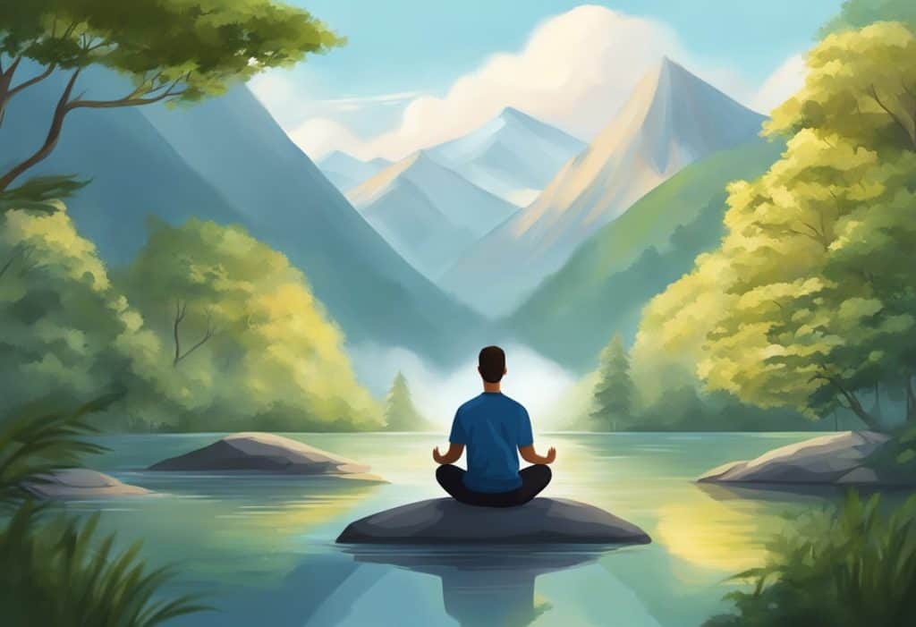 A serene person meditates in a peaceful setting, surrounded by nature and tranquility, while pondering the benefits and drawbacks of mindfulness