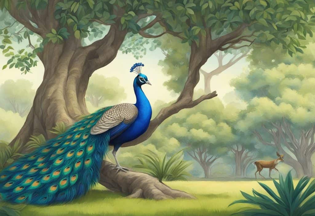 A peacock dances gracefully as a young cowherd plays a flute under a banyan tree