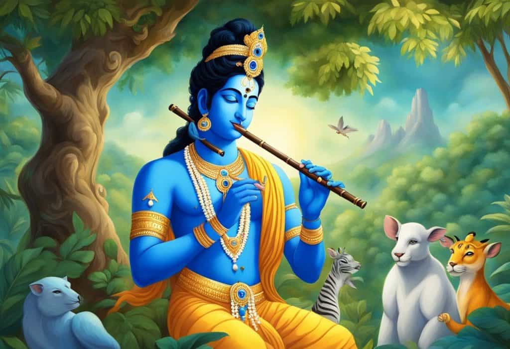 Krishna, a blue-skinned deity, stands playing the flute surrounded by animals and nature in a serene and peaceful setting