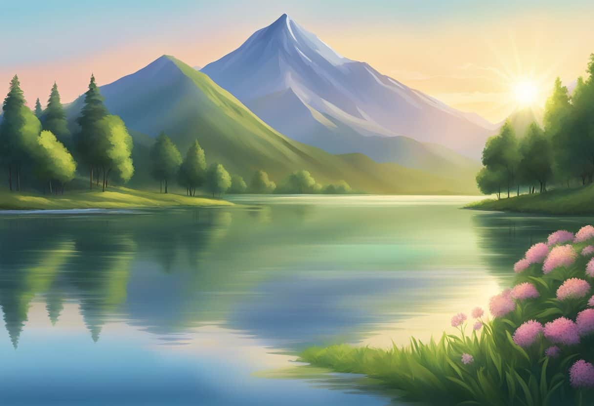 A serene landscape with a mountain peak in the distance, surrounded by calm waters and lush greenery. The sky is clear and the sun is shining, creating a peaceful and contemplative atmosphere