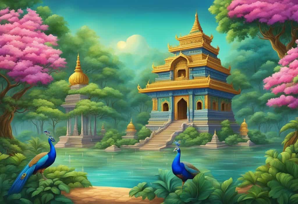 A colorful temple with intricate carvings, surrounded by lush greenery and peacocks, with devotees offering flowers and incense to the deity