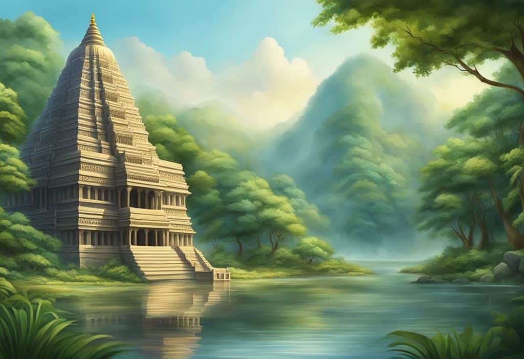 A sacred temple with intricate carvings, surrounded by lush greenery and a serene river, where pilgrims gather to worship and seek blessings