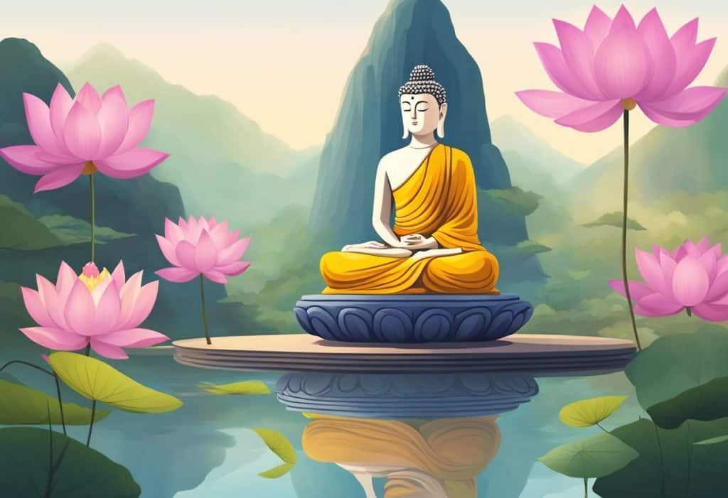 Buddhist meditation types: sitting, walking, and standing. A serene environment with a lotus flower, incense, and a Buddha statue