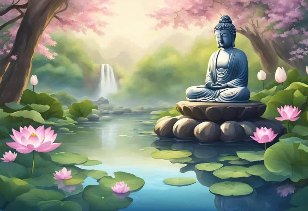 A serene garden with a Buddha statue surrounded by blooming lotus flowers, with a gentle stream flowing nearby, and the sound of wind chimes in the background