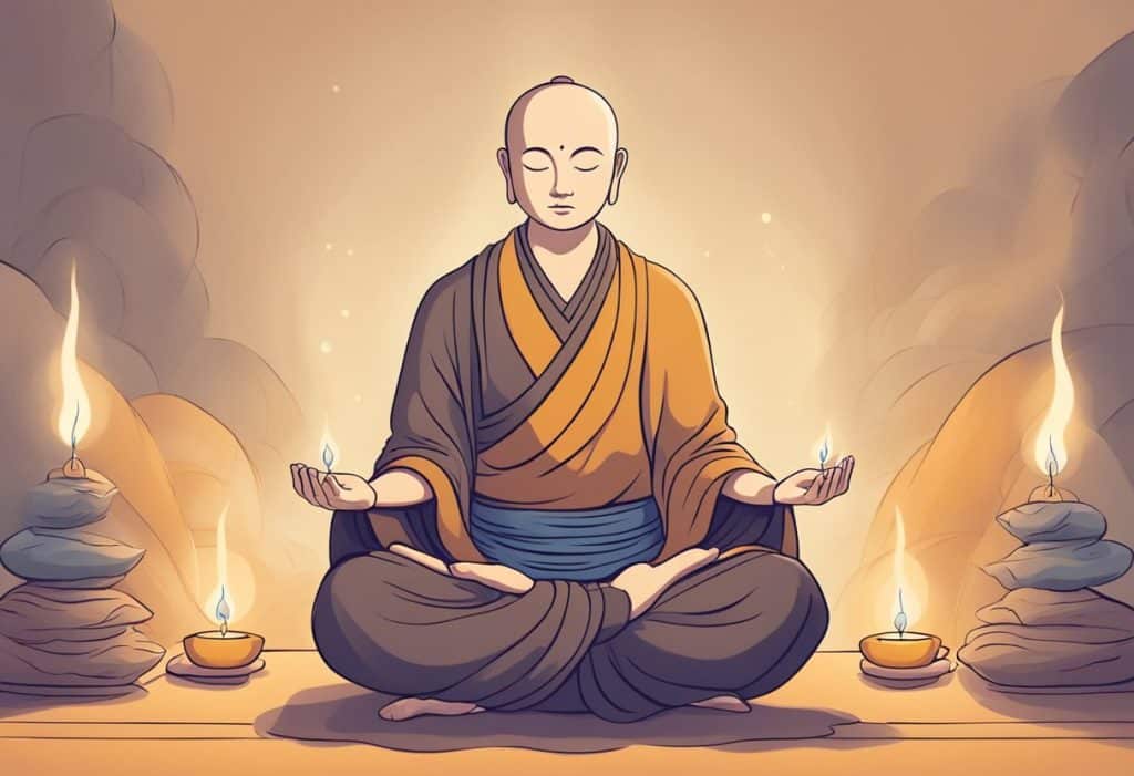 A serene Buddhist meditator sits cross-legged, surrounded by incense and soft candlelight, with a peaceful expression on their face