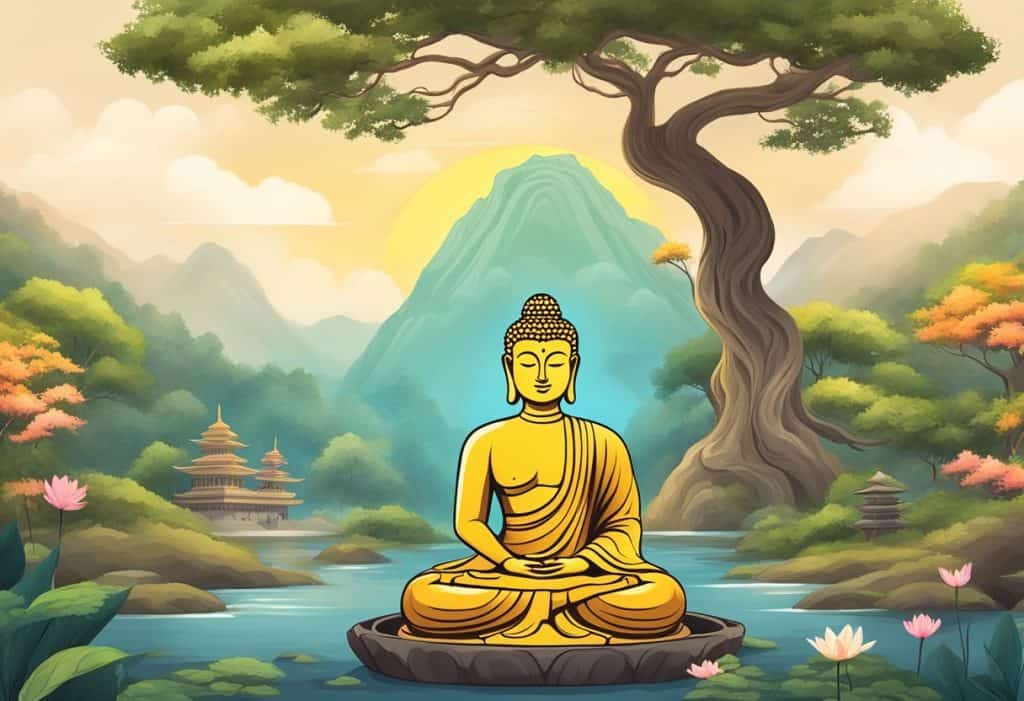 A serene Buddha statue surrounded by various meditation symbols and peaceful nature elements