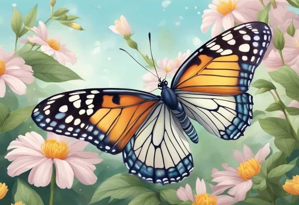 A butterfly emerges from a cocoon, surrounded by blooming flowers and a gentle breeze