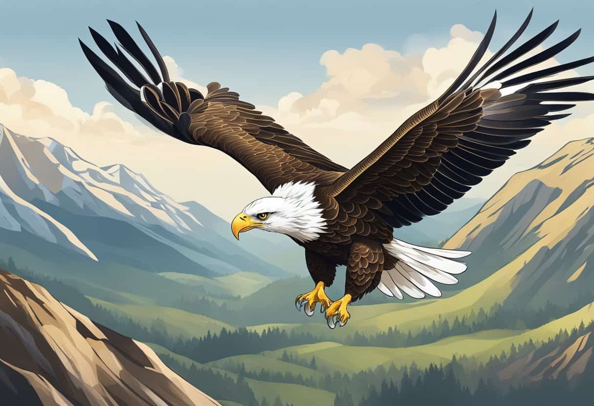 A majestic eagle soars high in the sky, its keen eyes scanning the landscape below