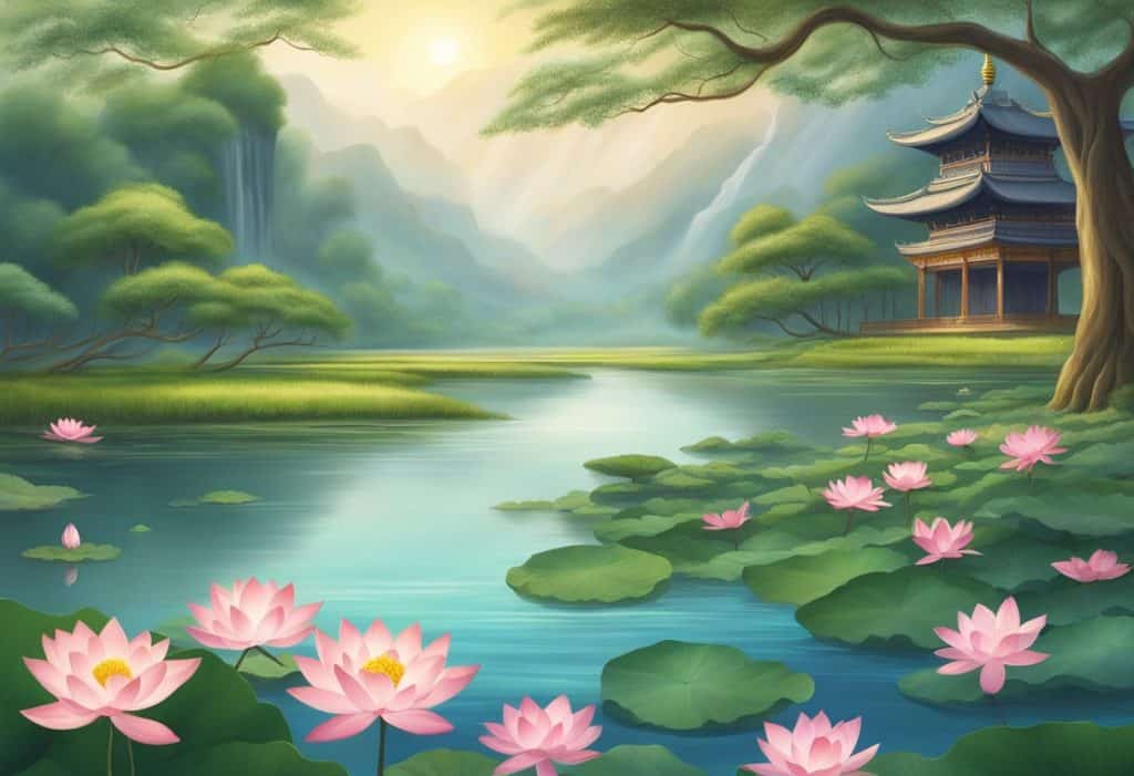 A serene landscape with a flowing river, blooming lotus flowers, and a majestic tree symbolizing the fundamental concept of karma