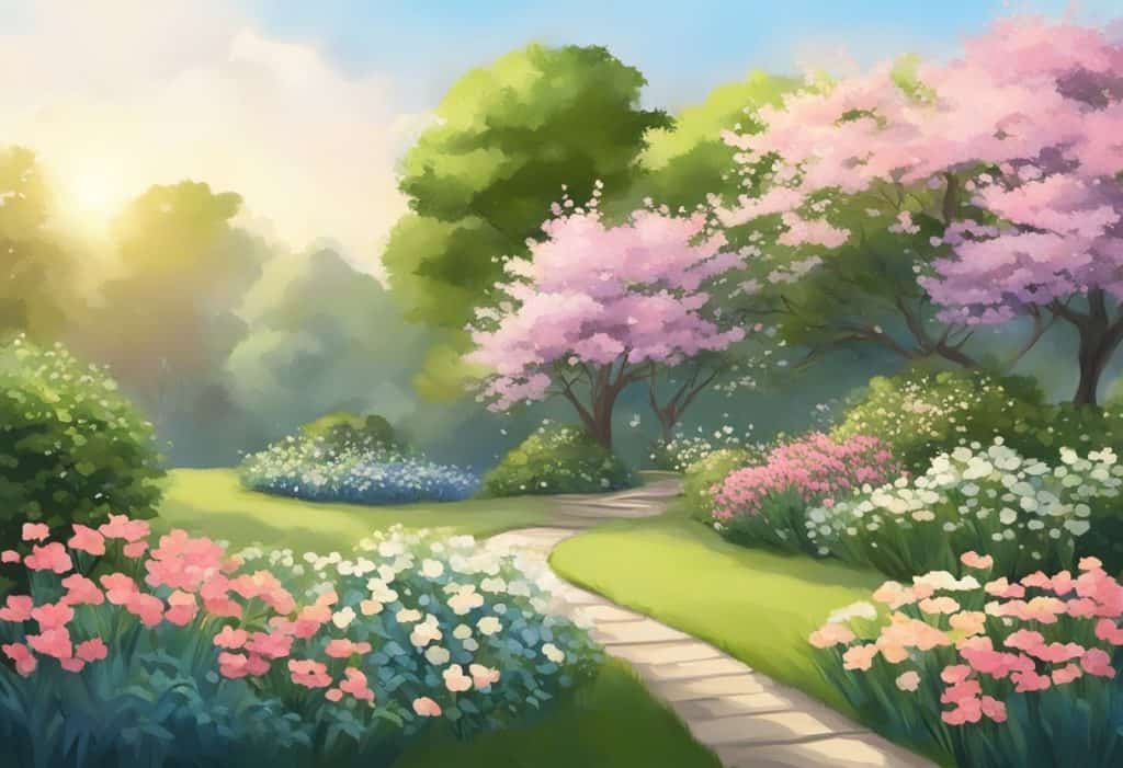 A serene garden with blooming flowers and a gentle breeze