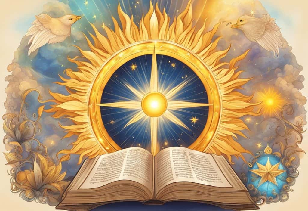 A radiant sun shines over a sacred text, surrounded by celestial beings and divine symbols, emanating a sense of ancient wisdom and spiritual revelation