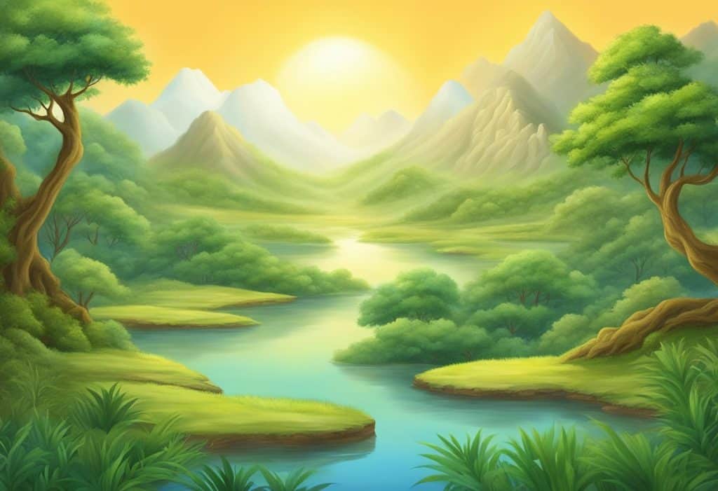 A serene landscape with ancient Hindu scriptures and philosophical texts