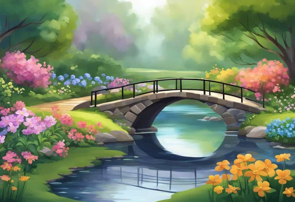 A serene garden with colorful flowers and a gentle breeze, a small bridge over a tranquil stream, and a peaceful atmosphere