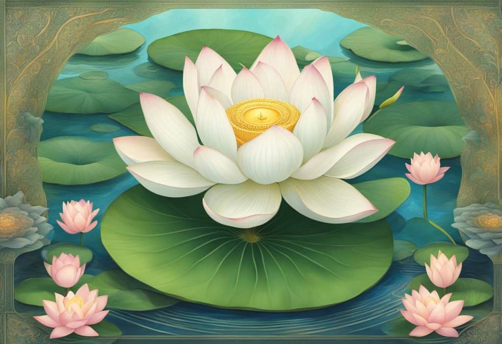 A serene lotus pond surrounded by ancient Hindu scriptures and intricate artwork