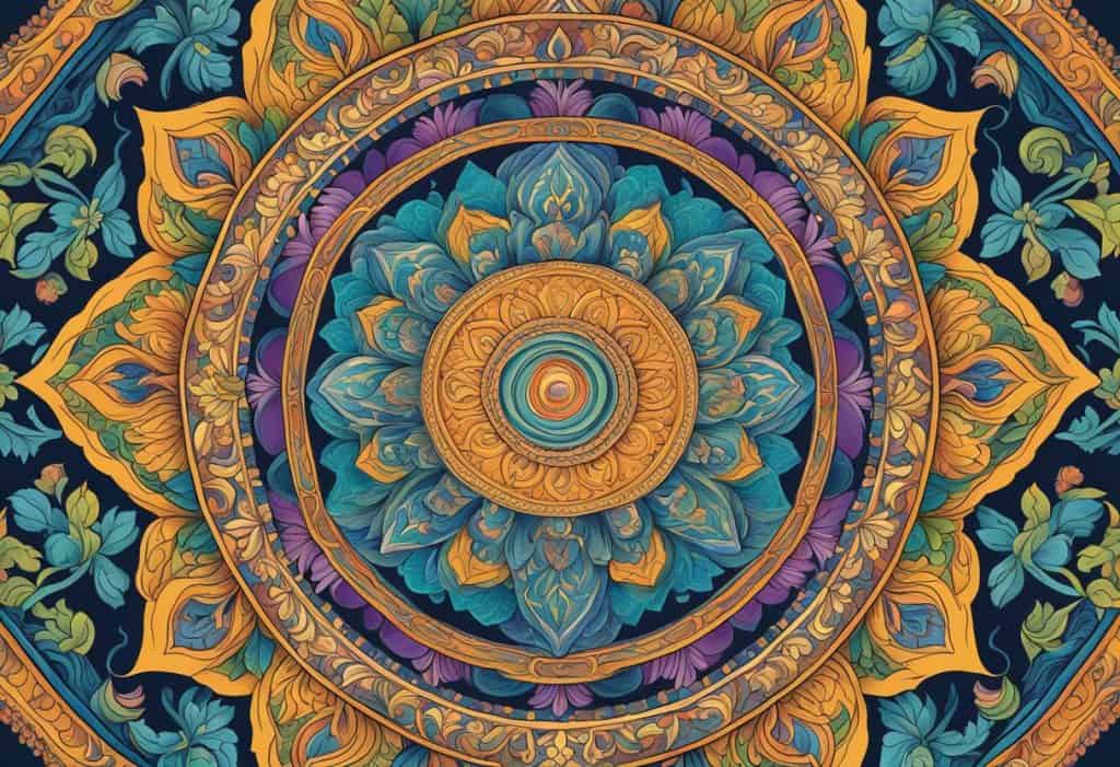 A vibrant mandala radiates from a central point, adorned with intricate symbols and patterns representing the Vajrayāna tradition