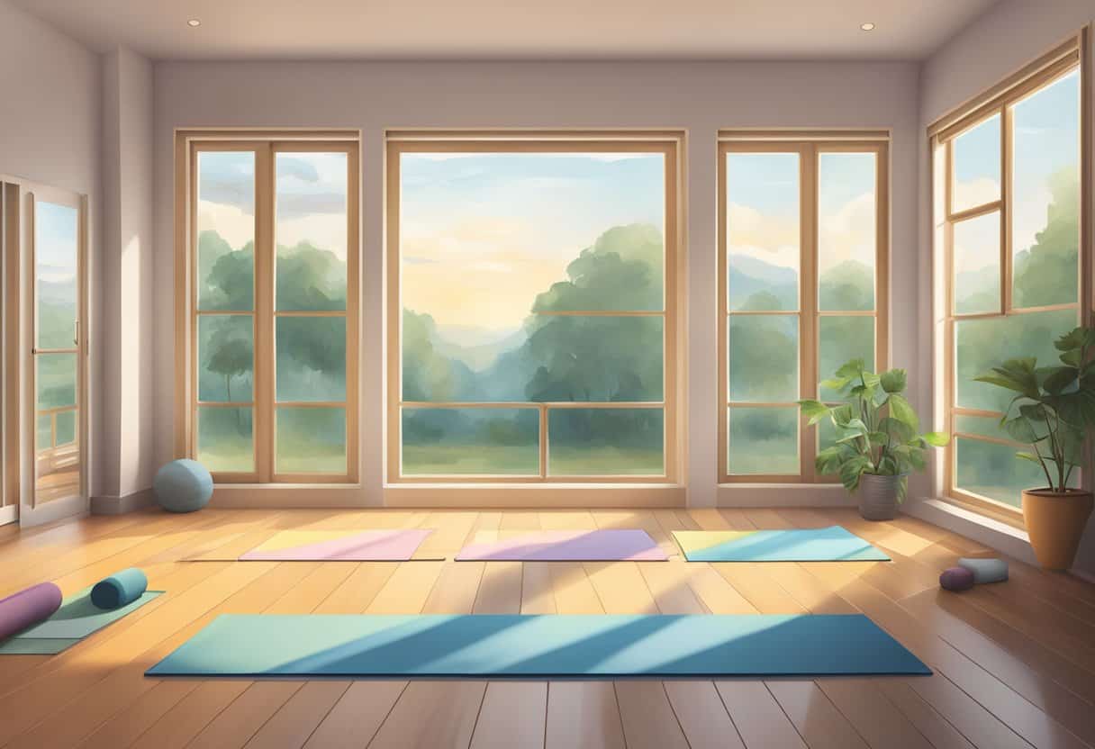 A serene yoga studio with a clear view of the sky through a large window