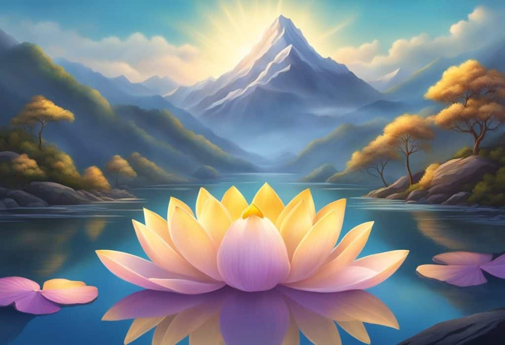 A serene mountain landscape with a glowing lotus flower and a radiant golden vajra symbol