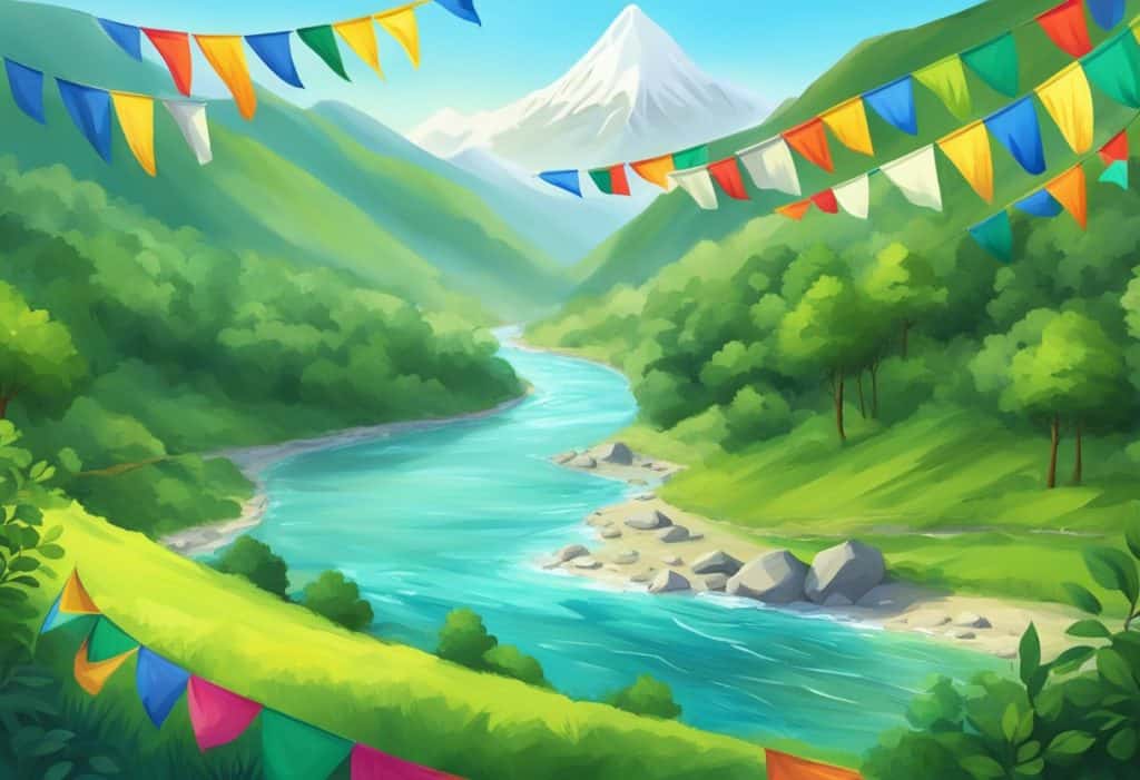 A serene mountain landscape with colorful prayer flags fluttering in the wind, surrounded by lush greenery and a peaceful, flowing river