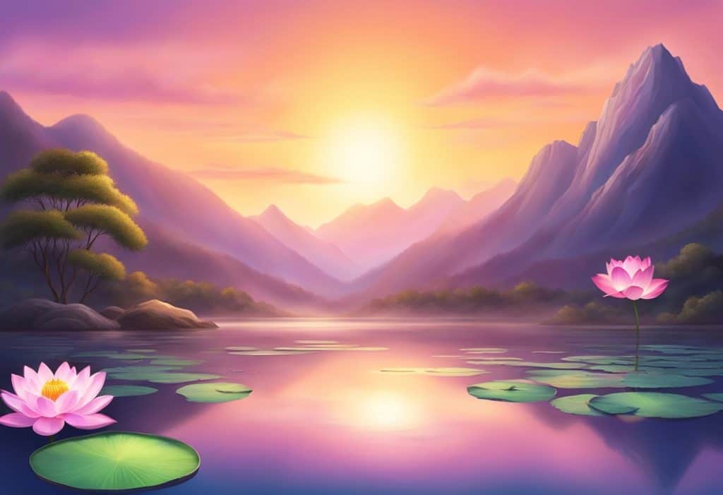 A serene mountain landscape with a vibrant sunset, a lotus flower blooming in a peaceful pond, and a radiant vajra symbol glowing with spiritual energy