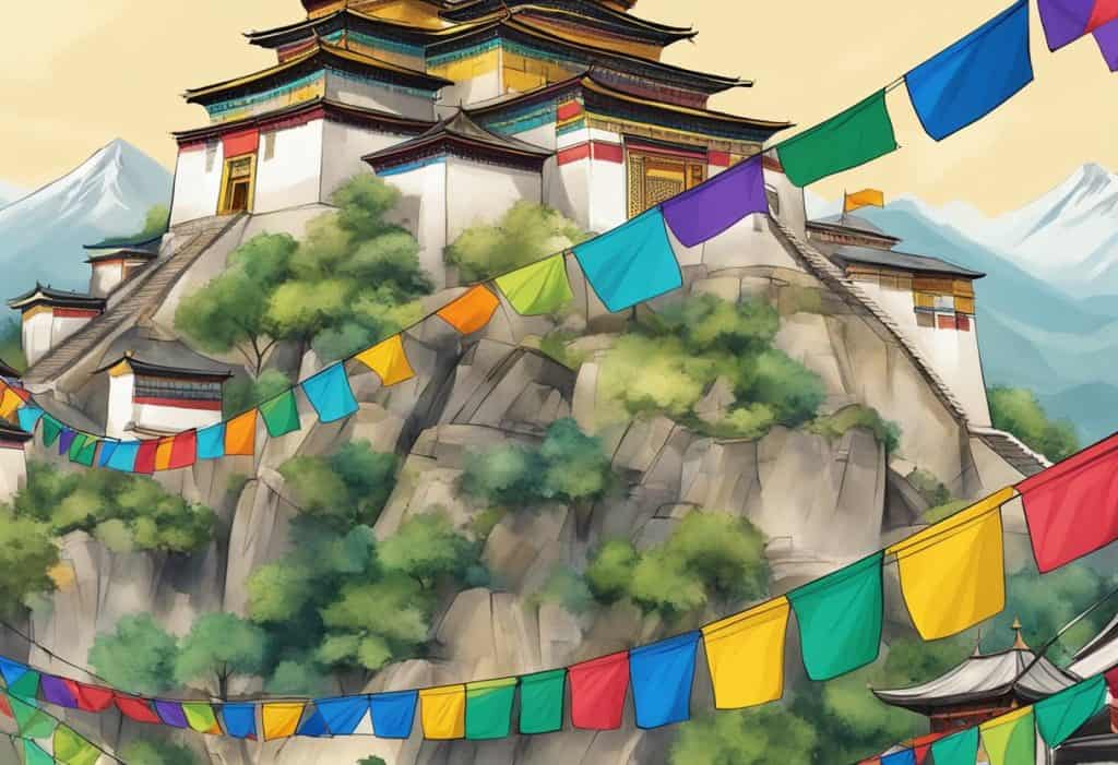 A serene mountain landscape with colorful prayer flags fluttering in the wind, surrounded by ancient temples and monasteries