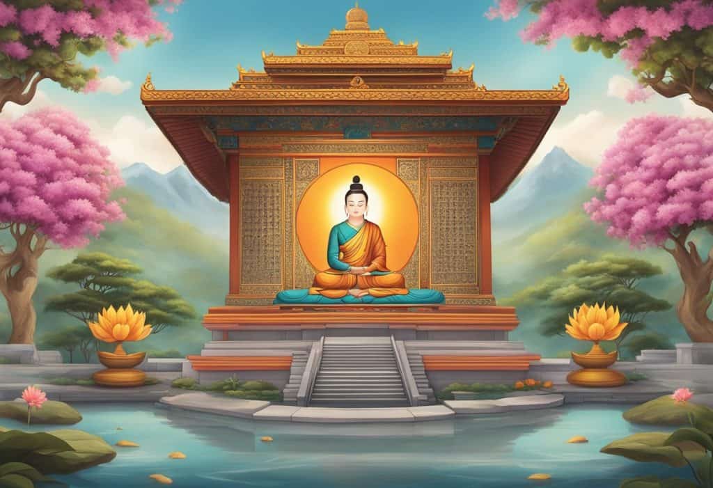 A serene temple setting with vajrayāna symbols and scriptures displayed, surrounded by incense and flowers