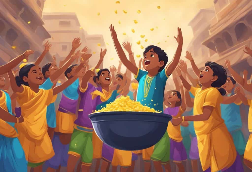 Children breaking a pot filled with butter suspended high above the ground during Janmashtami celebration
