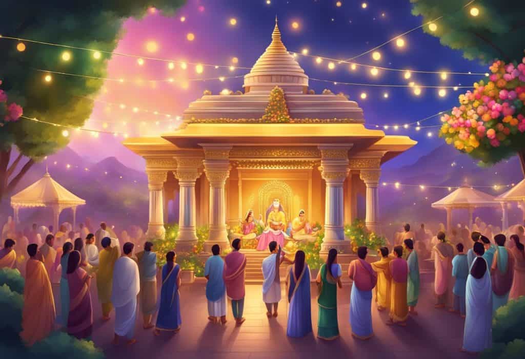 A festive scene of people gathering around a decorated temple, with colorful lights and flowers, celebrating the birth of Lord Krishna on Janmashtami