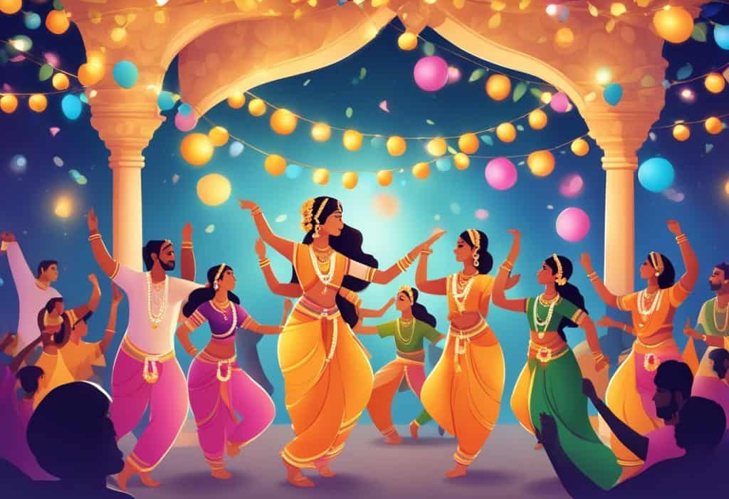 A colorful scene of people dancing, singing, and decorating with flowers and lights to celebrate Janmashtami