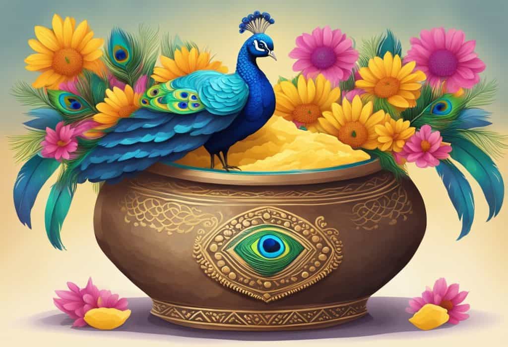 A decorative clay pot filled with butter, surrounded by vibrant flowers and peacock feathers, symbolizing the celebration of Janmashtami